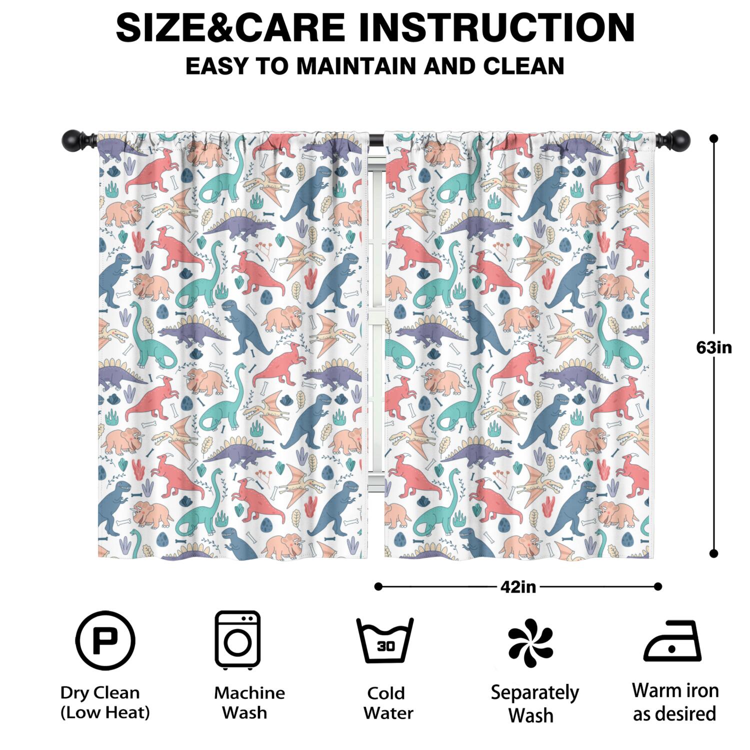 Funny Window Curtains for Kids Room - 42Wx63H Inch 2 Panels, Rod Pocket Colorful Cartoon Dinosaur Patterns for Boys Bedroom Decor Preschool Classroom Curtains Playroom Living Room Window Drapes