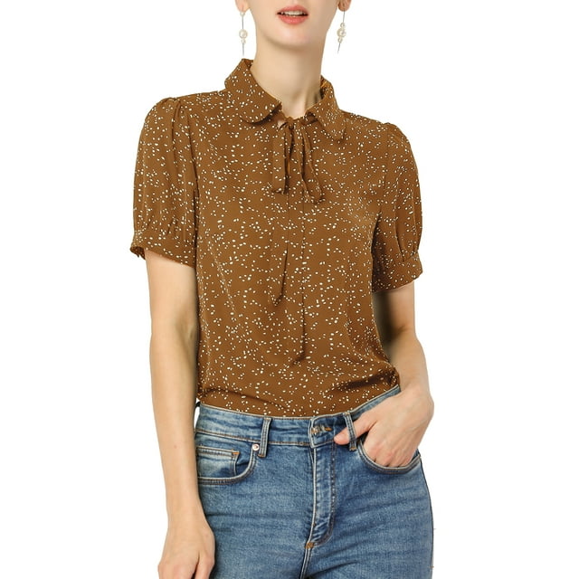 INSPIRE CHIC Blouse en Chiffon pour Femme à Imprimé Rétro, Manches Courtes, Col Peter Pan avec Nœud, L Brun à Pois