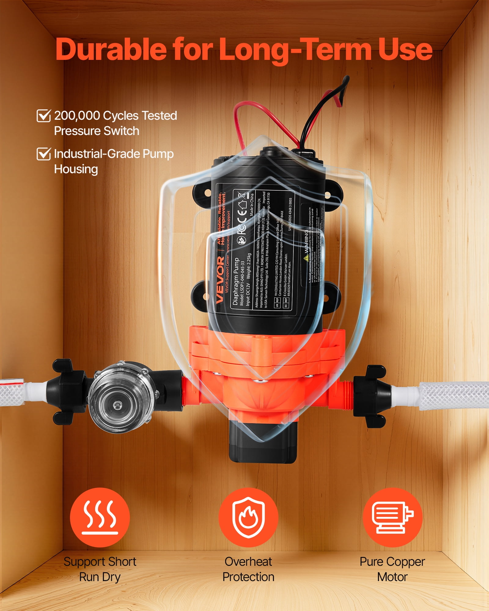 VEVOR RV Water Pump, 12V DC 4 GPM (15.1 L/min), 3-Chamber Self-Priming Diaphragm Water Pump with Automatic Pressure Switch, 40 PSI Max Pressure, On Demand for RV, Caravan, Marine, Yacht, Car Washing