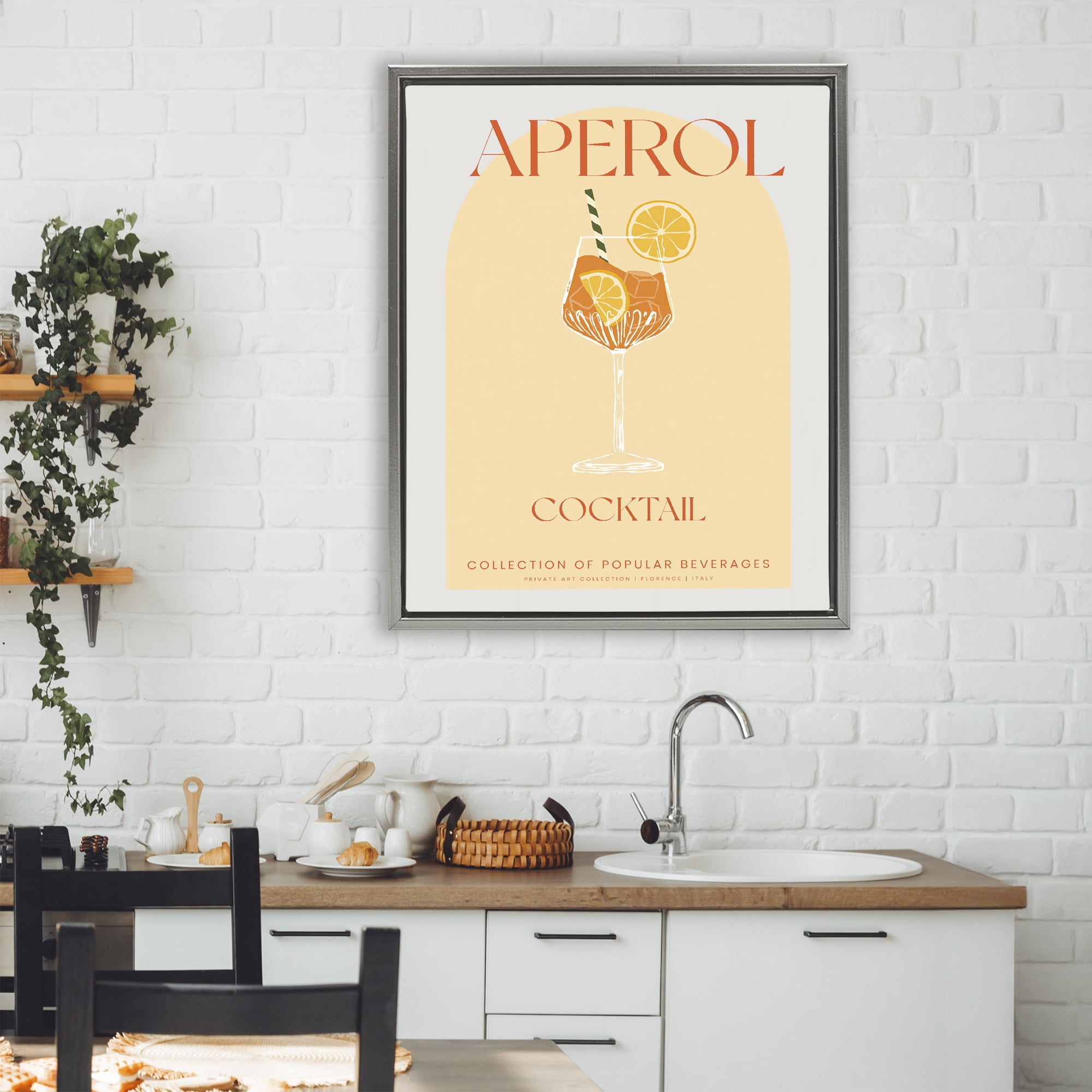 Stylish Retro Aperol Cocktail Gray Framed Floater Canvas Wall Art, design by Lil' Rue