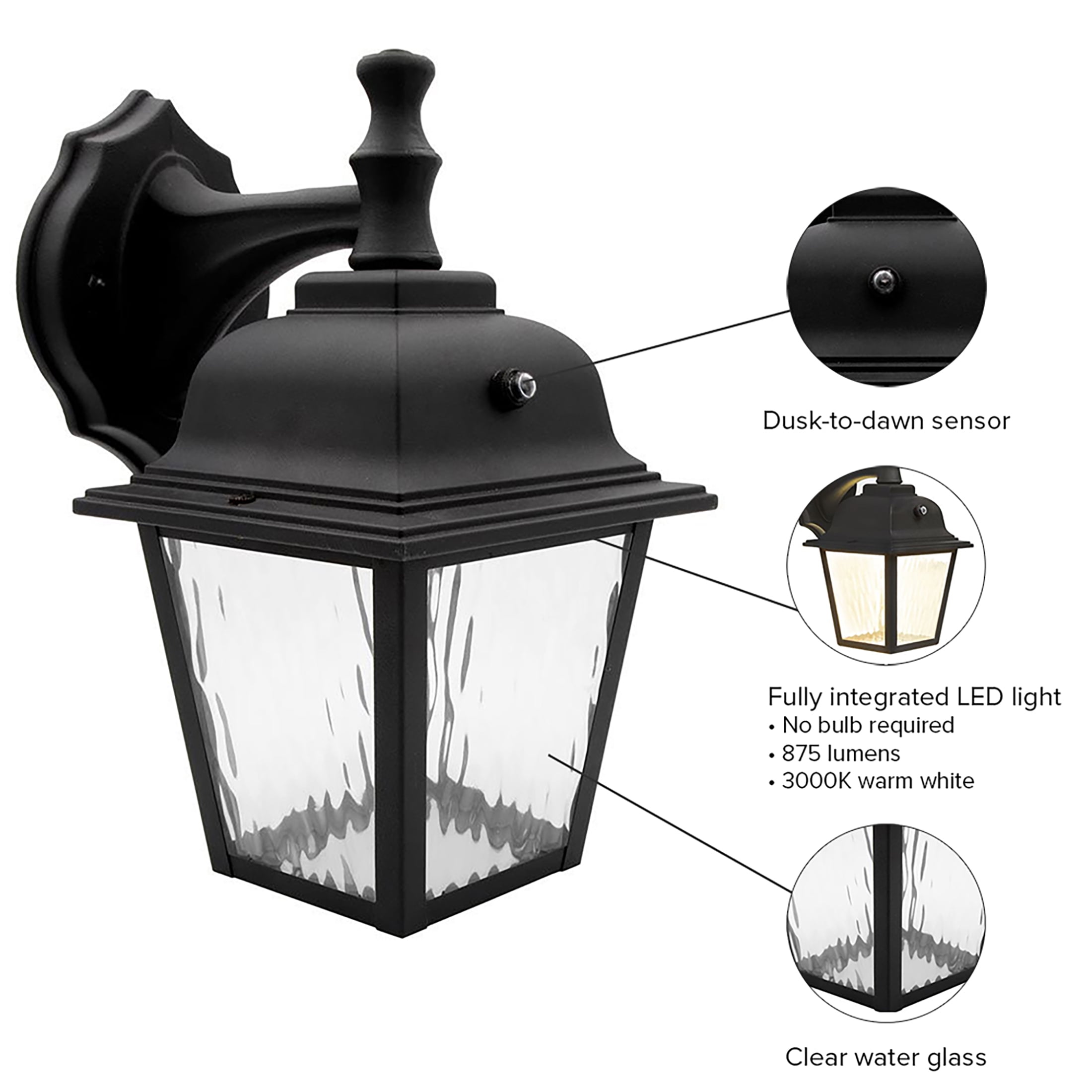 Maxxima LED Porch Lantern Black, Water Glass, Photocell Sensor, 875 Lumens, 3000K Warm White, Dusk to Dawn Sensor