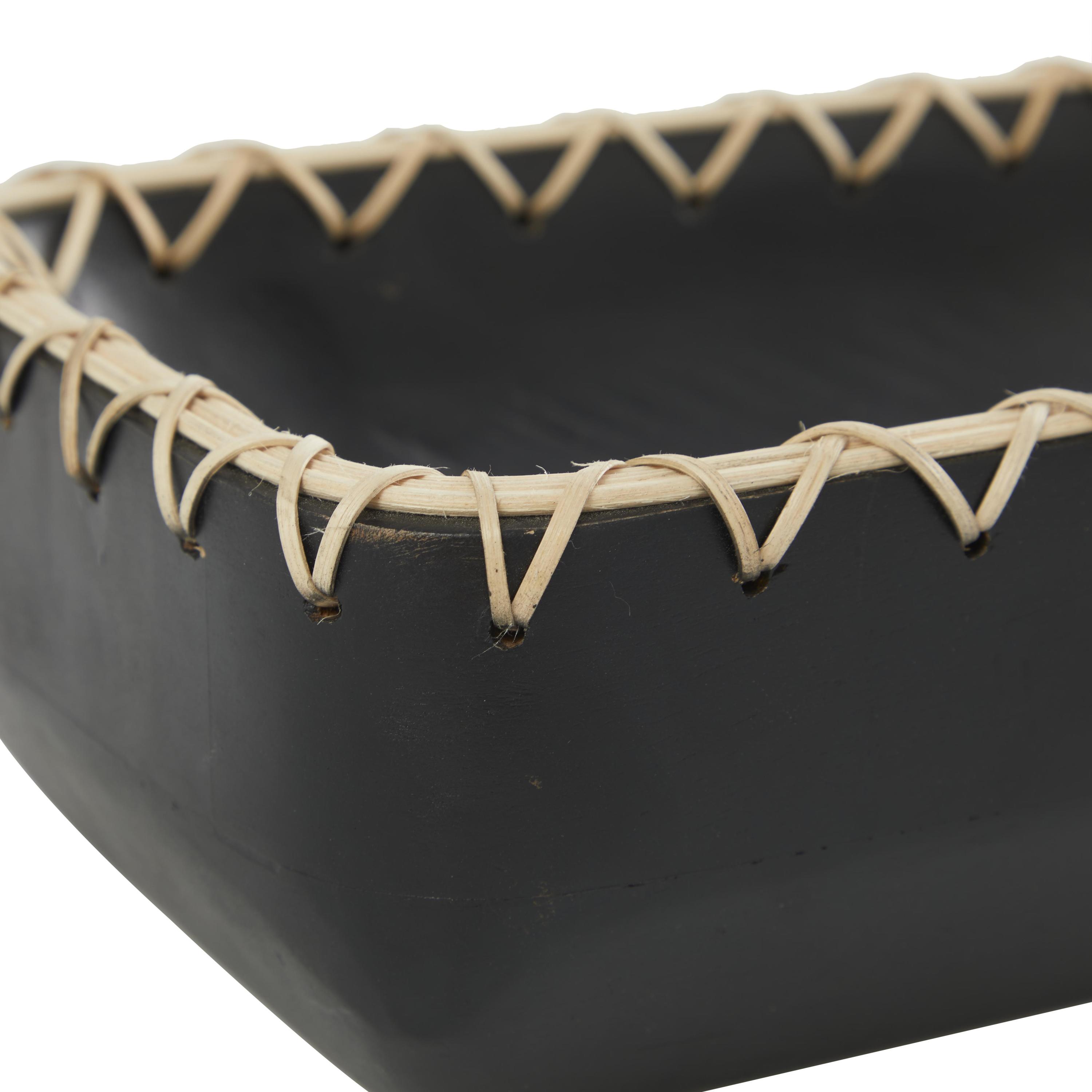 DecMode 24" x 7" Black Mango Wood Handmade Nesting Tray with Hand Sewn Seagrass Accents, 1-Piece