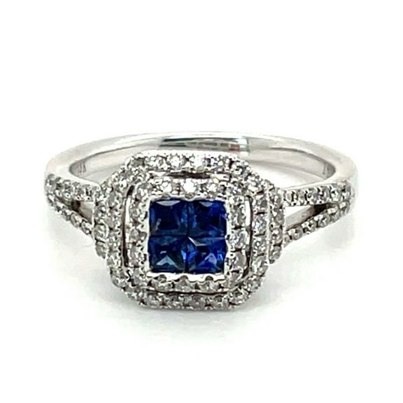 Princess Cut Blue Sapphire Channel Set Diamond Wedding Ring, Double Halo Diamond Ring, Split Shank Diamond Engagement Ring, 14K White Gold Plated, 2.3 Ct Simulated Diamond and Sapphire, Gemstone Ring