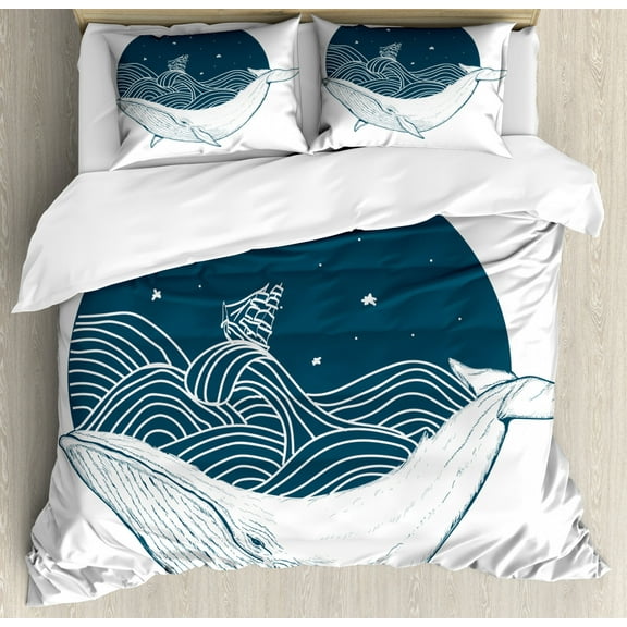 Whale Duvet Cover Set, Big Mammal Swimming in a Wavy Ocean Stars and Old Antique Ship Art Print, Decorative 3 Piece Bedding Set with 2 Pillow Shams, King Size, Teal White, by Ambesonne