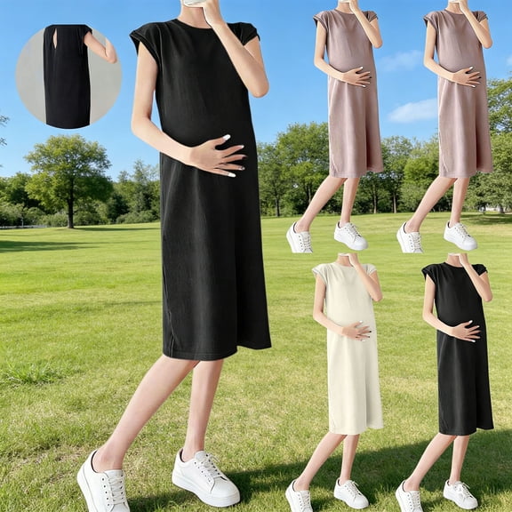 Frostluinai Women's Maternity Summer Casual Midi Dress Loose Crewneck Cap Sleeve Comfort Knee Length Pregnancy T-Shirt Dresses for Vacation Beige M