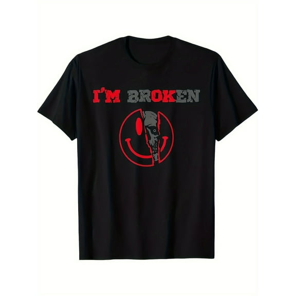 Men's "I'm Broken" Skull Graphic T-Shirt - Black Cotton Crew Neck Tee with Red & White Print, Slight Stretch Knit Fabric, Regular Fit for All Seasons, Casual Sporty Style, Skull T Shirt