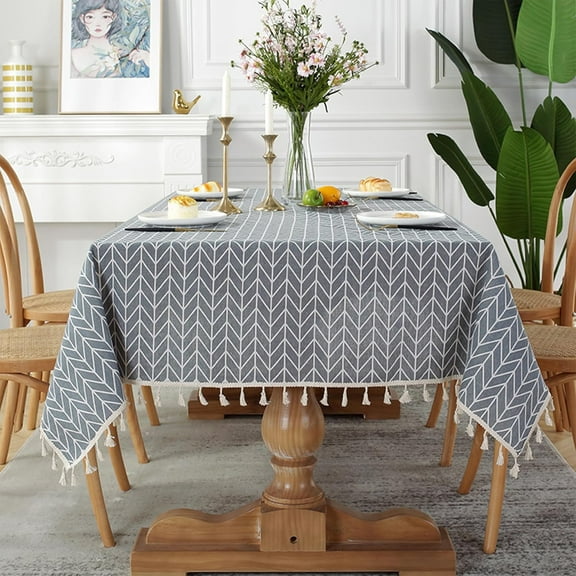 Rectangle Cotton Linen Tablecloth: New Chinese Style Retro Table Cloth with Tassel, Multi Size Wrinkle Free Decorative Tablecloth, Rustic Farmhouse Kitchen Table Cover (D, 55''×79'')
