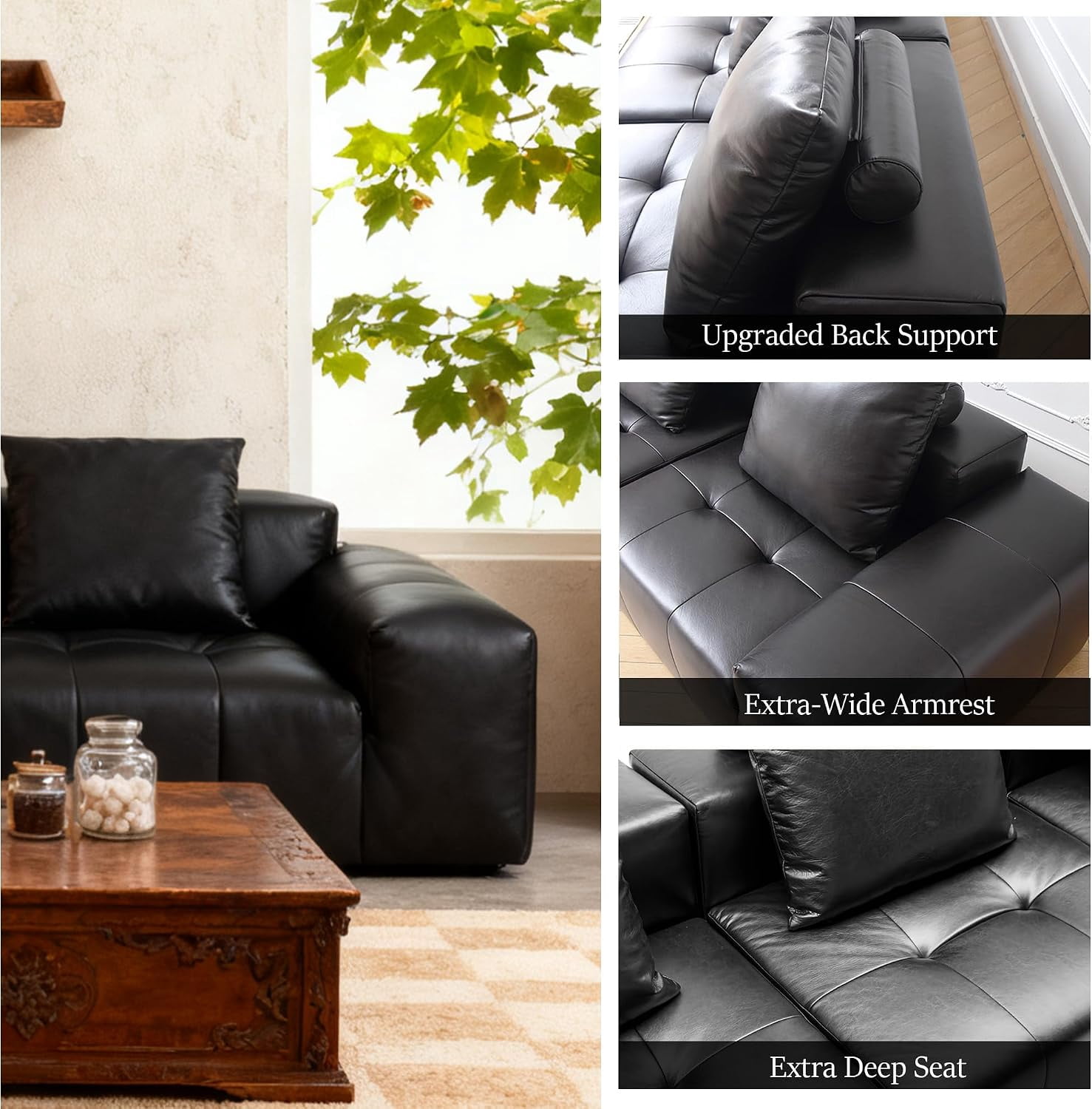 Howcool Boneless Cloud Sectional Sofa with Chaise,Faux Leather L-Shaped Couch,Deep Seat Modular Sofa with Wide Armrests,No Assembly Required,Right-Facing,Black