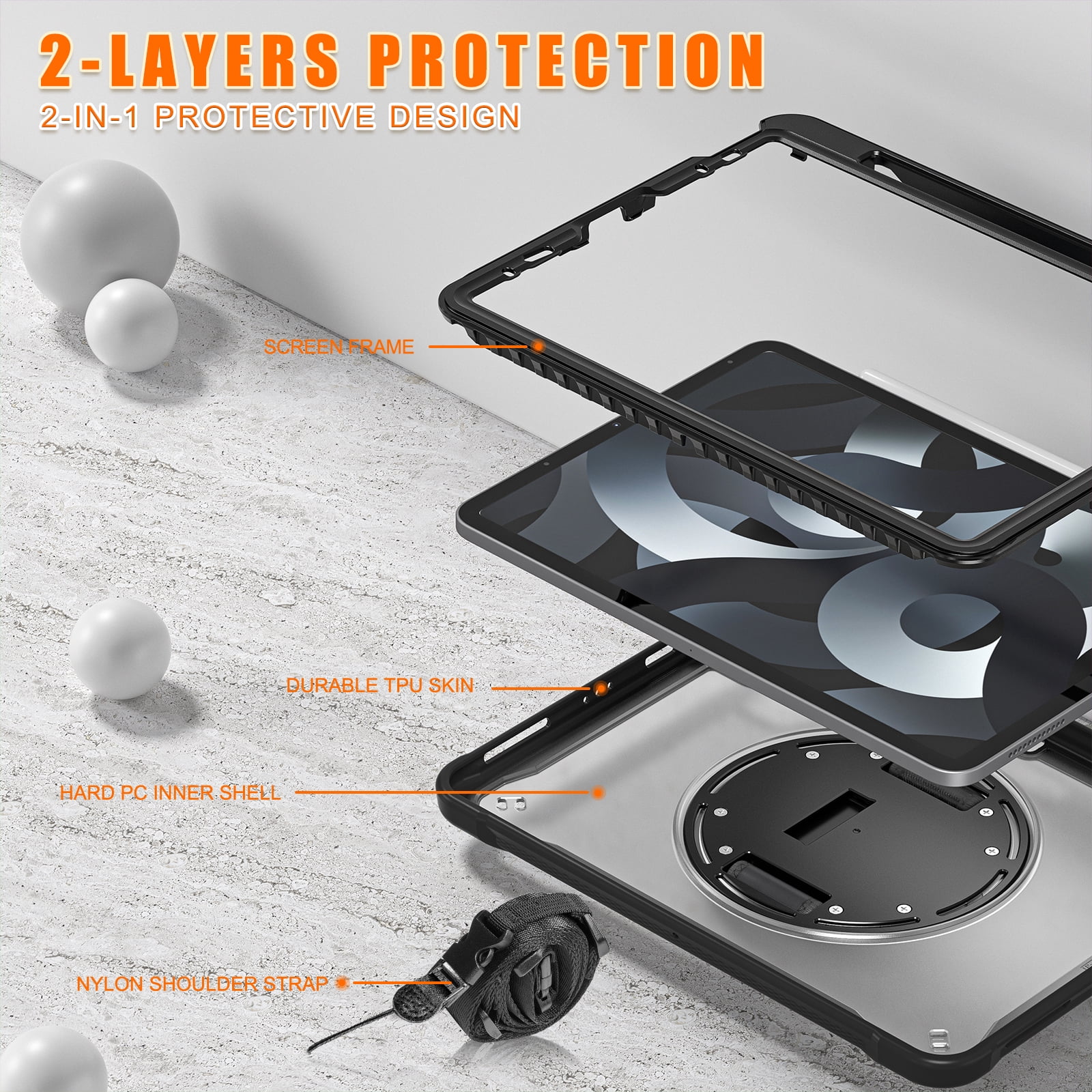 Allytech Rugged Case for Apple iPad Pro 11 2022/2021/2020/2018, iPad Air 4 5 Case, iPad Air 11" Case 2024, 360 Rotating Stand Clear Back Cover Shockproof Shoulder Strap with Pencil Holder, Black