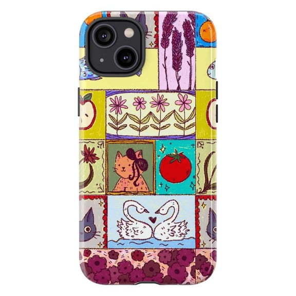Whimsical Patchwork Phone Case, Cute Cats, Swans & Flowers in Bright Colors, Fun Artistic Protective Cover for iPhone 16 15 14 13 12 11 Pro Max Mini
