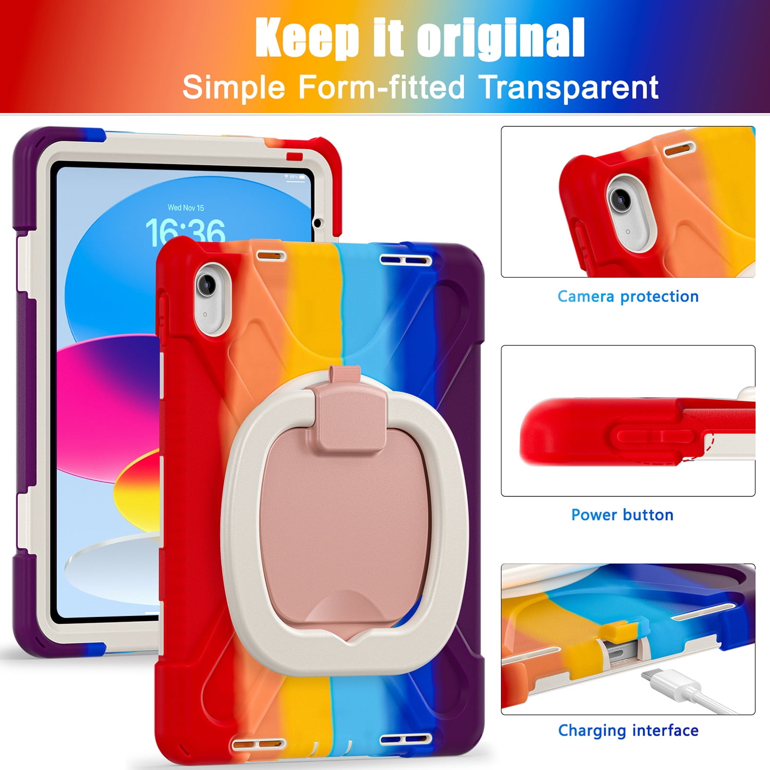 iPad 10th Generation Case 2022,iPad 10th Gen 10.9 inch Rugged Case with Screen Protector,Rotating Stand/Pencil Holder/Carrying Shoulder Strap - Colourful Red