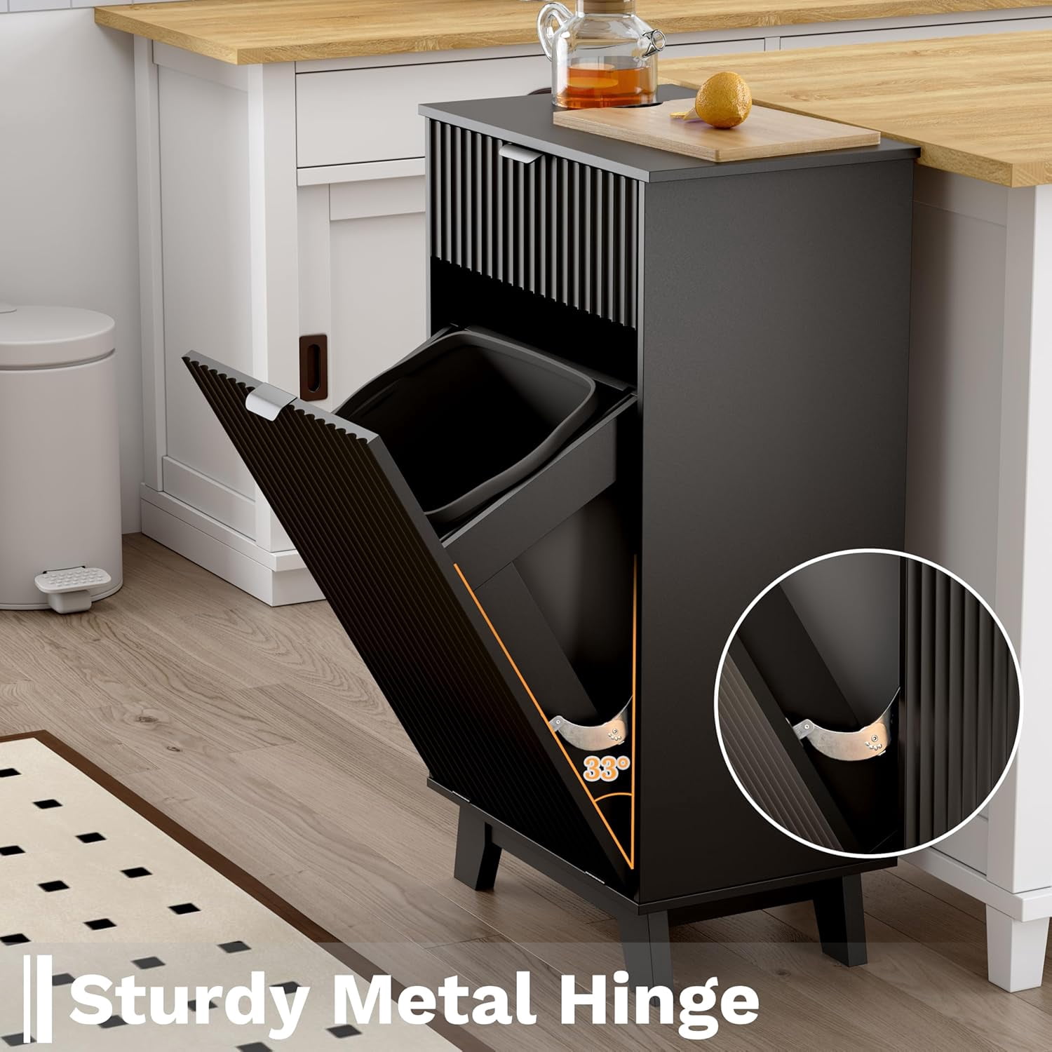 FANRAL Single Tilt Out Laundry Hamper Cabinet,10 Gallon Wooden Hidden Storage Cabinet,Fluted Trash Can for Bathroom Kitchen Living Room,Black Laundry Basket Cabinet