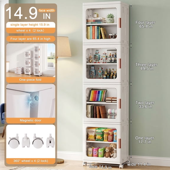 Avaloomia Home 168QT Stackable Storage Bins with Lids and Wheels, 4 Tier Folding Storage Cabinets Plastic Closet Organizer and Storage for Bathroom Living Room Office, White