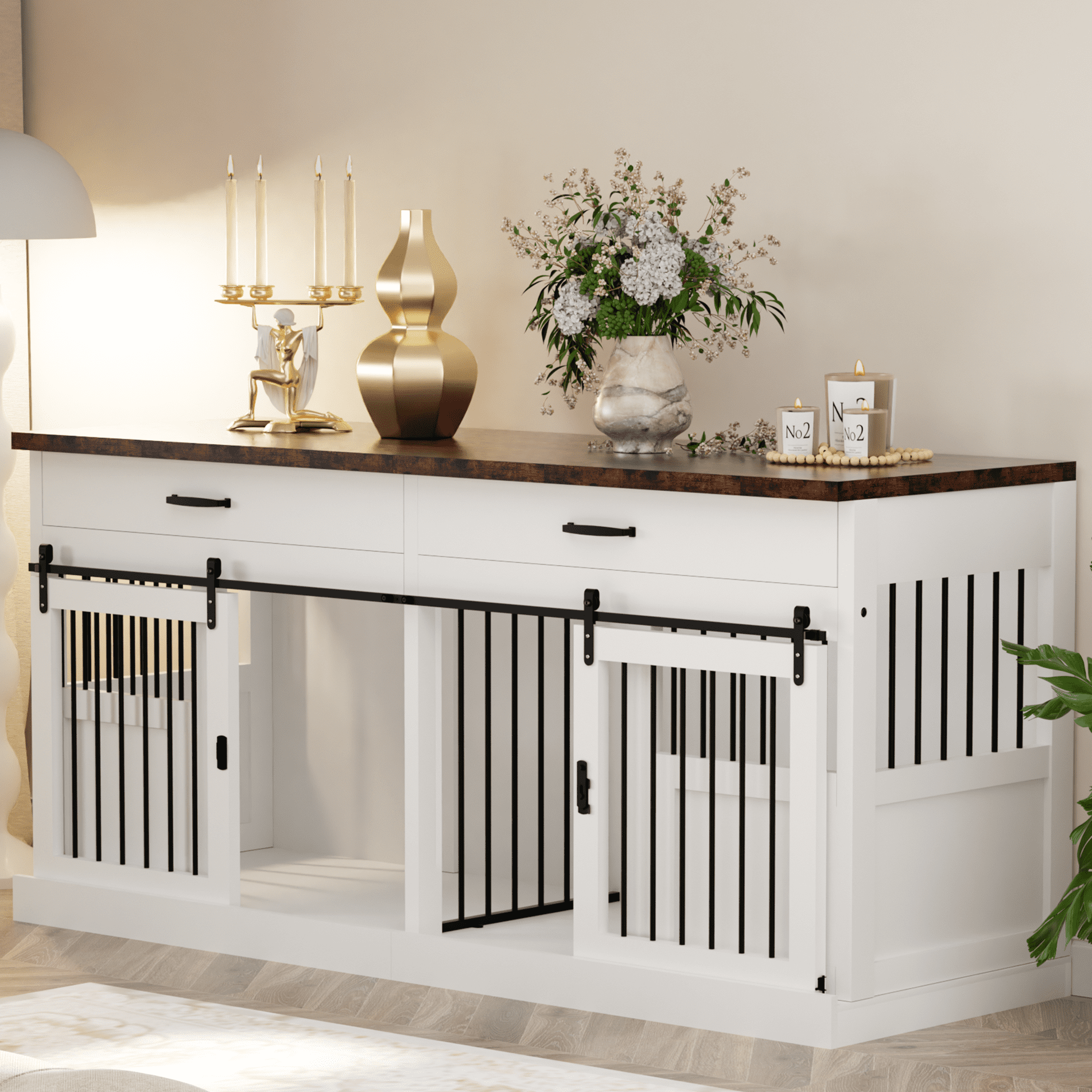 70.9'' Heavy-Duty Wooden Kennel Cage, Large Dog Crate Furniture with 2 Drawers and Divider, TV Stand End Table for 2 Large Dogs, White