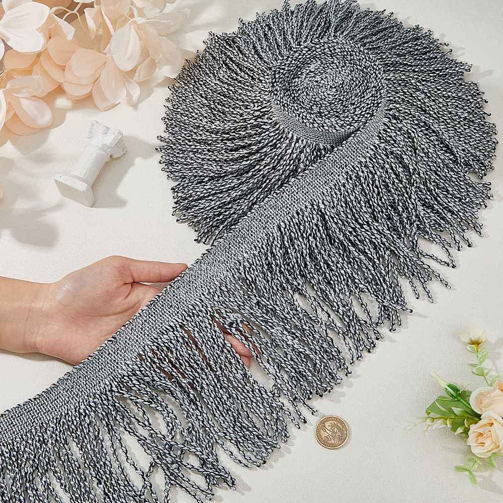 4M Polyester Tassel Lace Ribbon Fringe Lace Trim Macrame Lace Ribbon Gray 6-1/8~6-1/4 inch(155~160mm) about 4.37 Yards(4m)/Bag