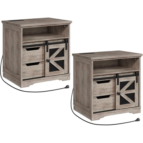Farmhouse End Table Set of 2, Sofa Side Table with Charging Station, Bedside Table with 2 Drawers and Barn Door, Rustic Wooden Nightstand for Bedroom, Living Room, Greige