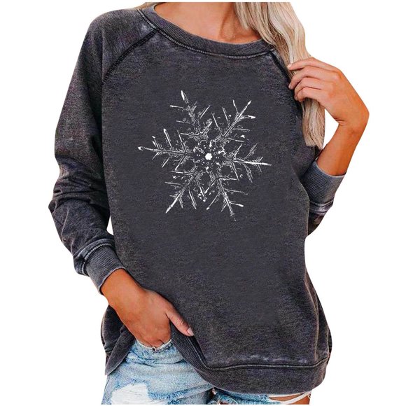 lcziwo Plus Size Christmas Sweatshirt Women Snowflake Graphic Sweatshirt Christmas Long Sleeve Shirt Xmas Pullover Trendy Crew Neck Pullovers Gray,XL