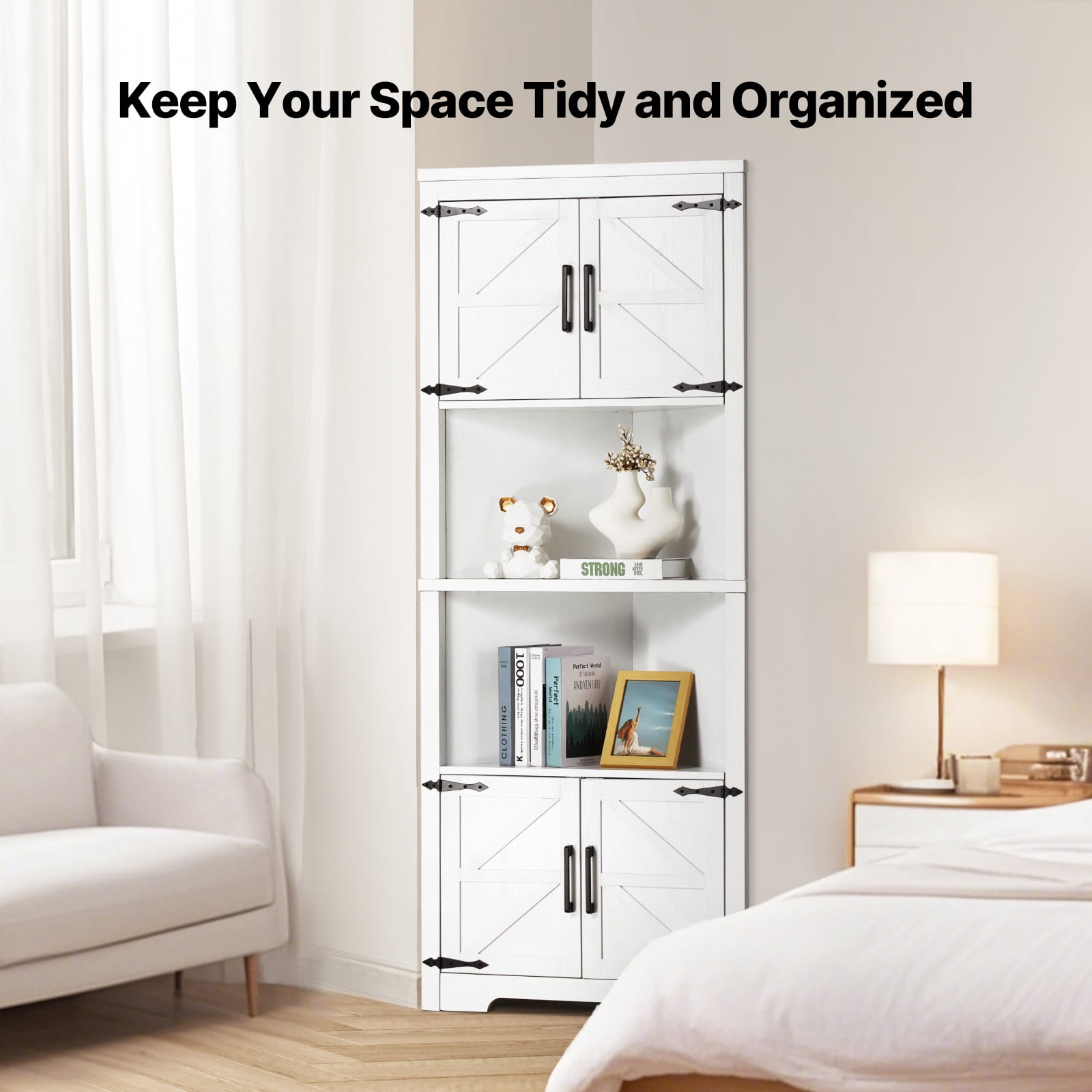 KFFKFF 68" High Corner Storage Unit, 6-Level Rustic Storage Cabinet with 4 Timber Doors & Flexible Shelves, Standalone Corner Cabinet for Lounge, Kitchen, Utility Room, in White