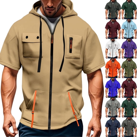Men's Casual Short-sleeved Sweatshirt with Multiple Pockets and Zipper - Loose Breathable Solid-color Jacket for Athletic Use, Casual Outings, and Gift Ideas,Army Green,L