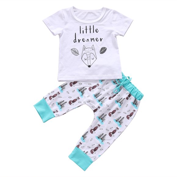 Ensemble de Vêtements 2 Pcs pour Nouveau-Né Garçon Fille T-Shirt à Manches Courtes Renard+pantalon