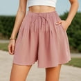 thumbnail image 2 of vigerkar Linen Pleated Casual Ruffle Shorts for Women Comfy Summer Loose Elastic Waist Drawstring Flowy Lounge Shorts with Pockets (Pink, L), 2 of 9
