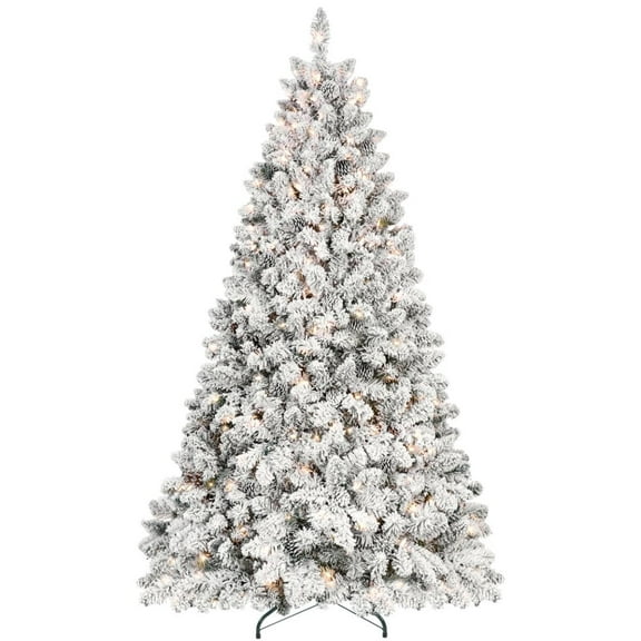4FT Prelit Christmas Tree, Snow Flocked Xmas Tree with 150 Warm Yellow Lights, 366 PVC Branch Tips and 21 pcs of Natural Pine Cones as Decor, and a Metal Foldable Base