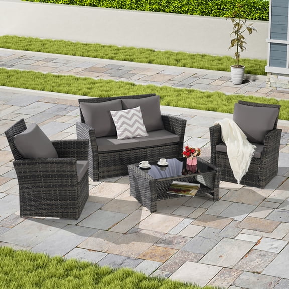 4 Pieces Patio Conversation Set, Outdoor Furniture Set with Cushion, Outside Sectional Rattan Wicker Sofa Furniture Set for Garden, Porch, Backyard, Gray