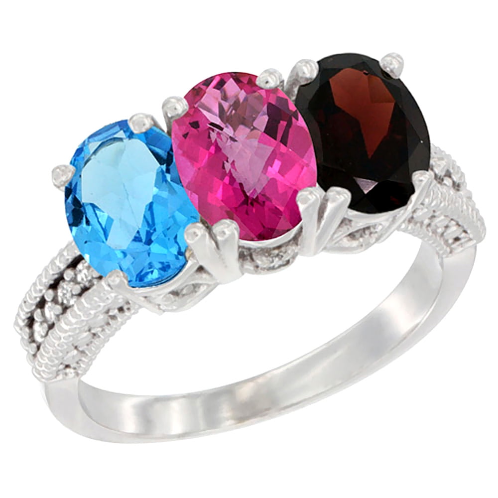 10K White Gold Natural Swiss Blue Topaz, Pink Topaz & Garnet Ring 3-Stone Oval 7x5 mm Diamond Accent, sizes 5 10 by WorldJewels