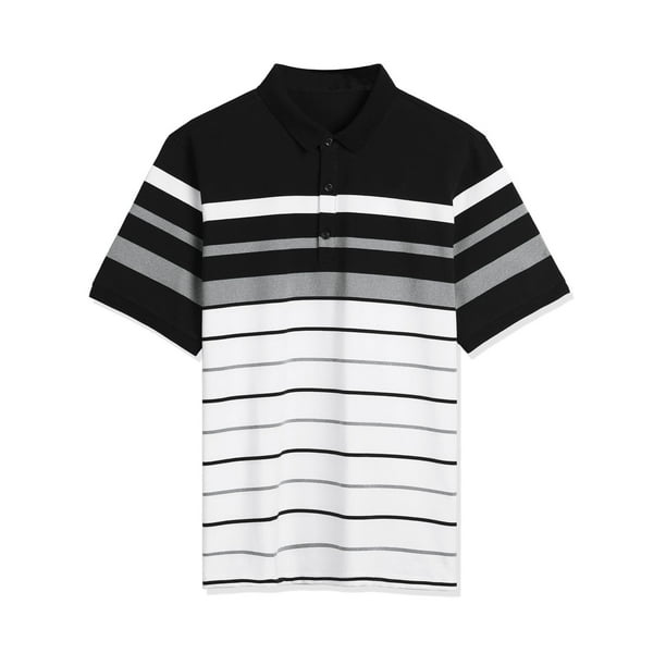 Camiseta De Golf A Rayas Bloque De Color Mangas Cortas Polo Para Hombres Negro Blanco Gris S