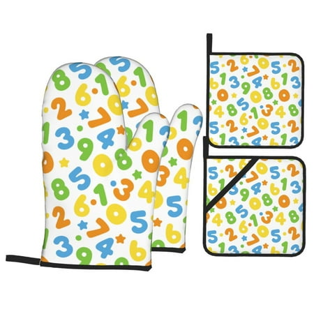 

Oven Mitts and Pot Holders Sets 4 pcs - Colorful math number print Heat Resistant Silicone Oven Gloves with Non-Slip Silicone Surface and hot pads for kitchen Baking Cooking BBQ