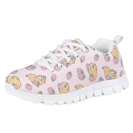 

HUGS IDEA Pink Sneakers for Girls Fashion Youth Comfy Strawberry Guinea Pig Graphic Print Shoes Fall Lightweight Breathable Jogging Lace Up Footwear Size 3