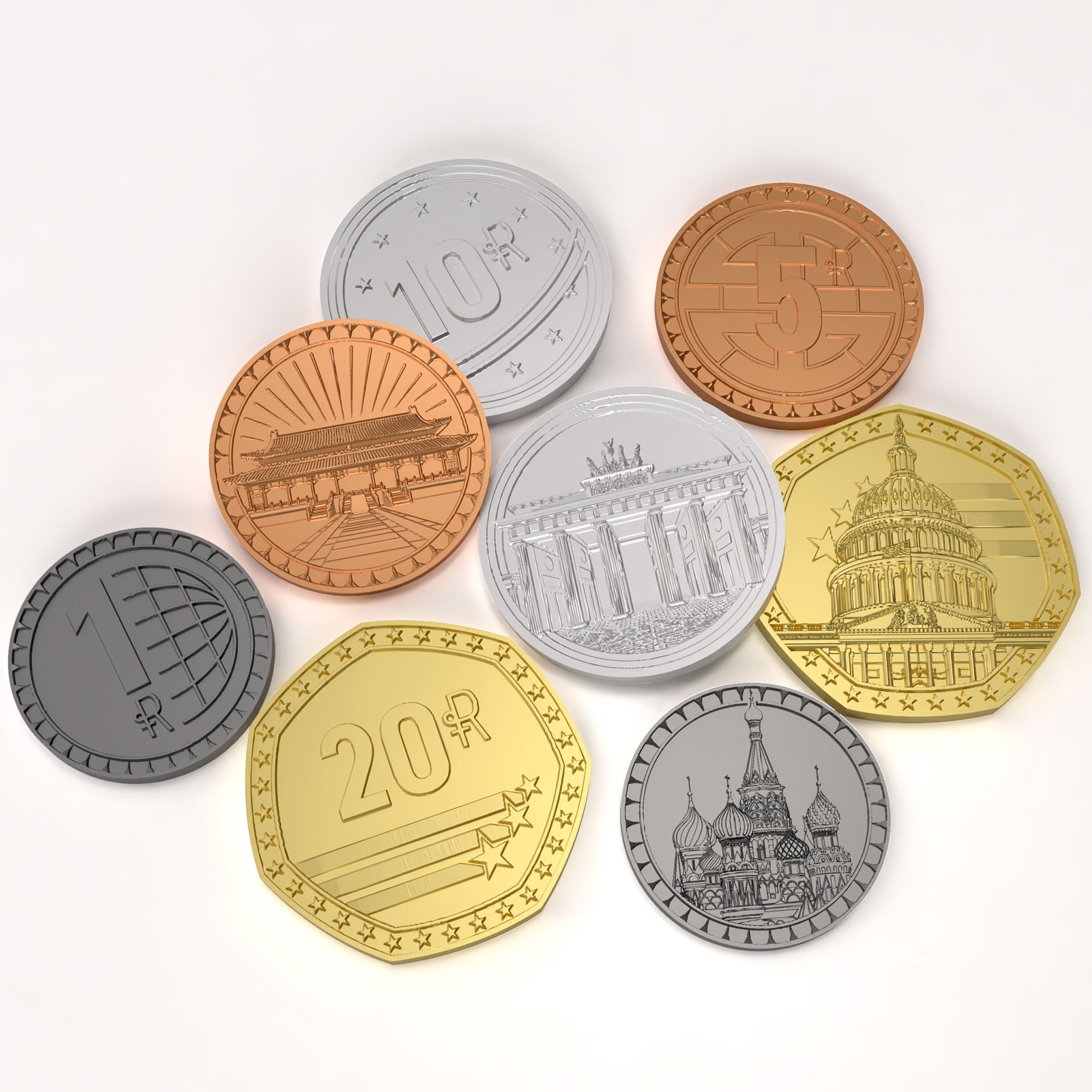 World Order: Metal Coins - 85 Collectible Pieces, Board Game Upgrade Components, Replace Base Cardboard Money, Multiple Denominations, Economic Set