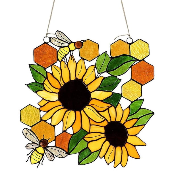 Pwfe Bee Honeycomb Stained Glass Honeybee Window Hangings Ornament Suncatcher Beehive Stained Glass Panel Sunflower Stained Glass Window Hangings Walmart Com Walmart Com