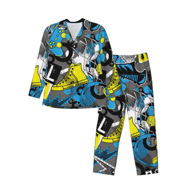 Fotbe Goal Time Pattern Long Sleeve Pajama Set for Men,Sleepwear Set,2-piece Loungewear Set,Soft PJs Comfy Nightwear with Pockets-XX-Large