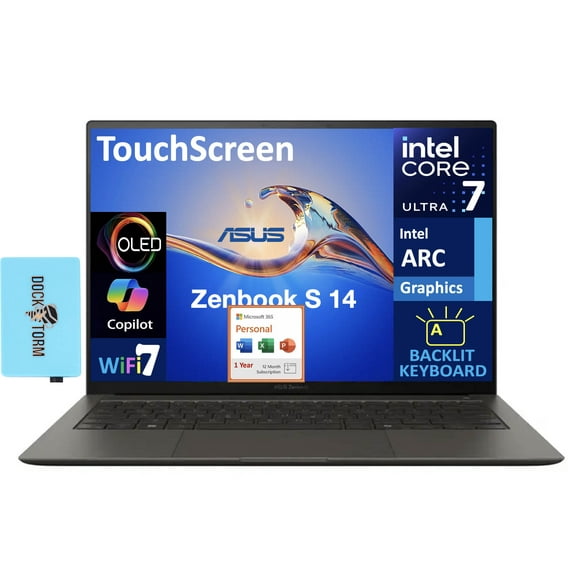 ASUS Zenbook S 14 AI PC Laptop 14.0in Touchscreen OLED 2.8K Display (Intel Ultra 7-258V, 32GB LPDDR5X, 2TB PCIe SSD, Intel Arc, Backlit KB, Win 11 Pro) w/Microsoft 365 Personal , DKZ USB Port Expander