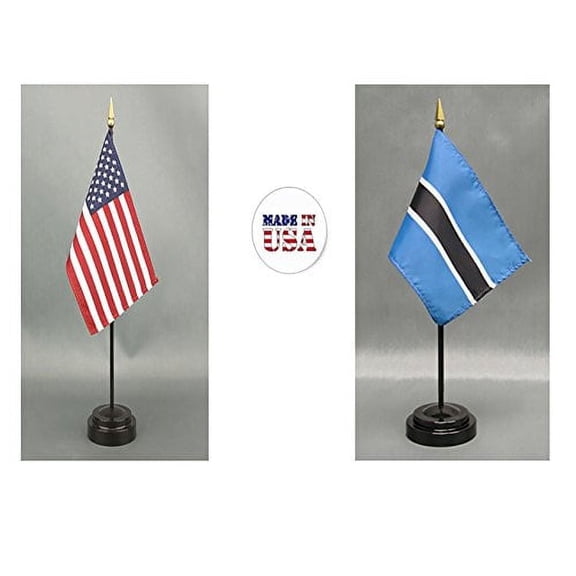 Made in The USA. 1 American and 1 Botswana Rayon 4"x6" Miniature Office Desk & Little Hand Waving Table Flag, Includes 2 Flag Stands & 2 Small 4"x6" Mini Stick Flags