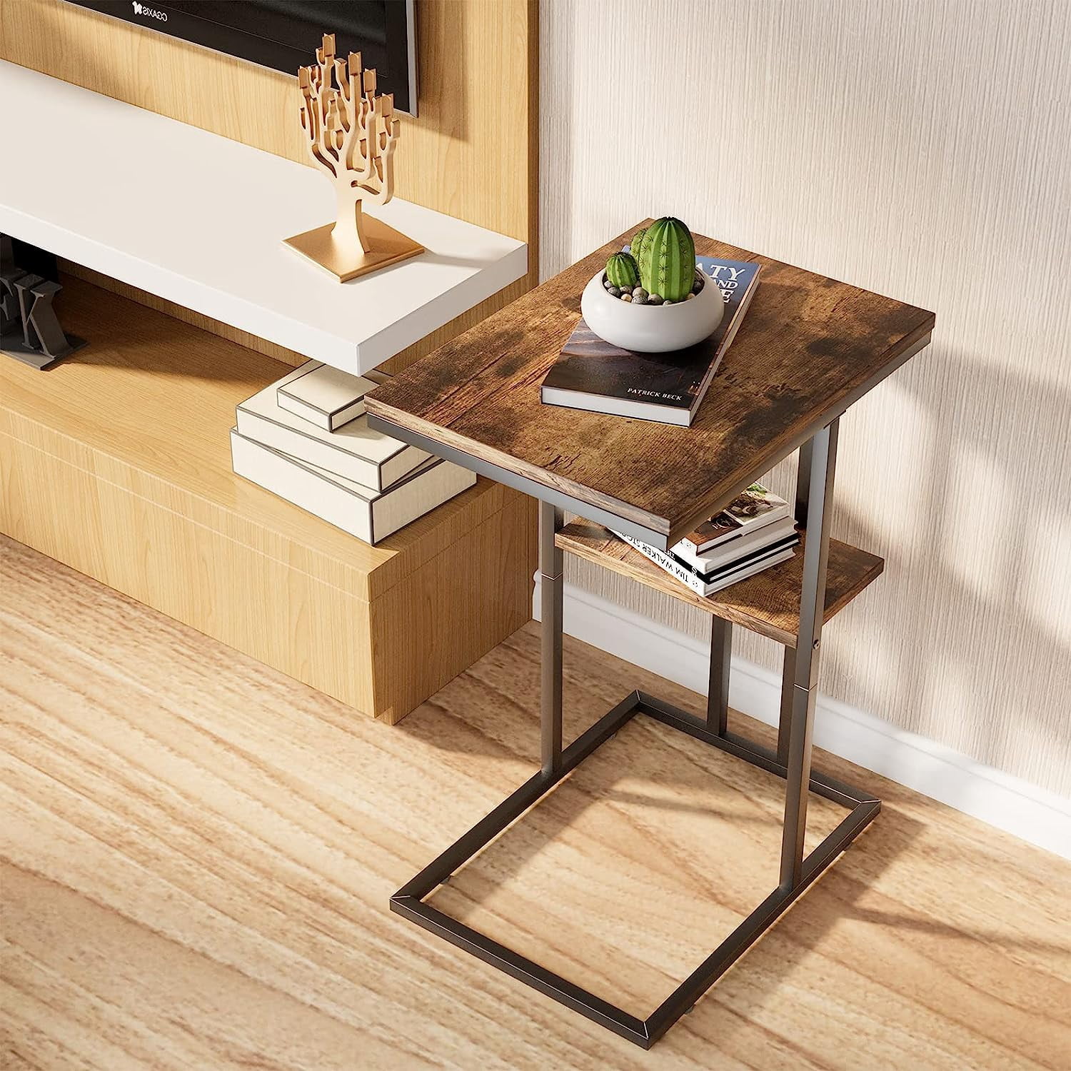 Aboxoo Indoor Rustic Stability Wood Metal End Table, Brown
