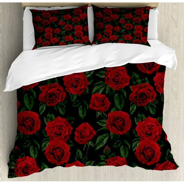 Rose Queen Size Duvet Cover Set, Valentine's Day Retro Style Petals