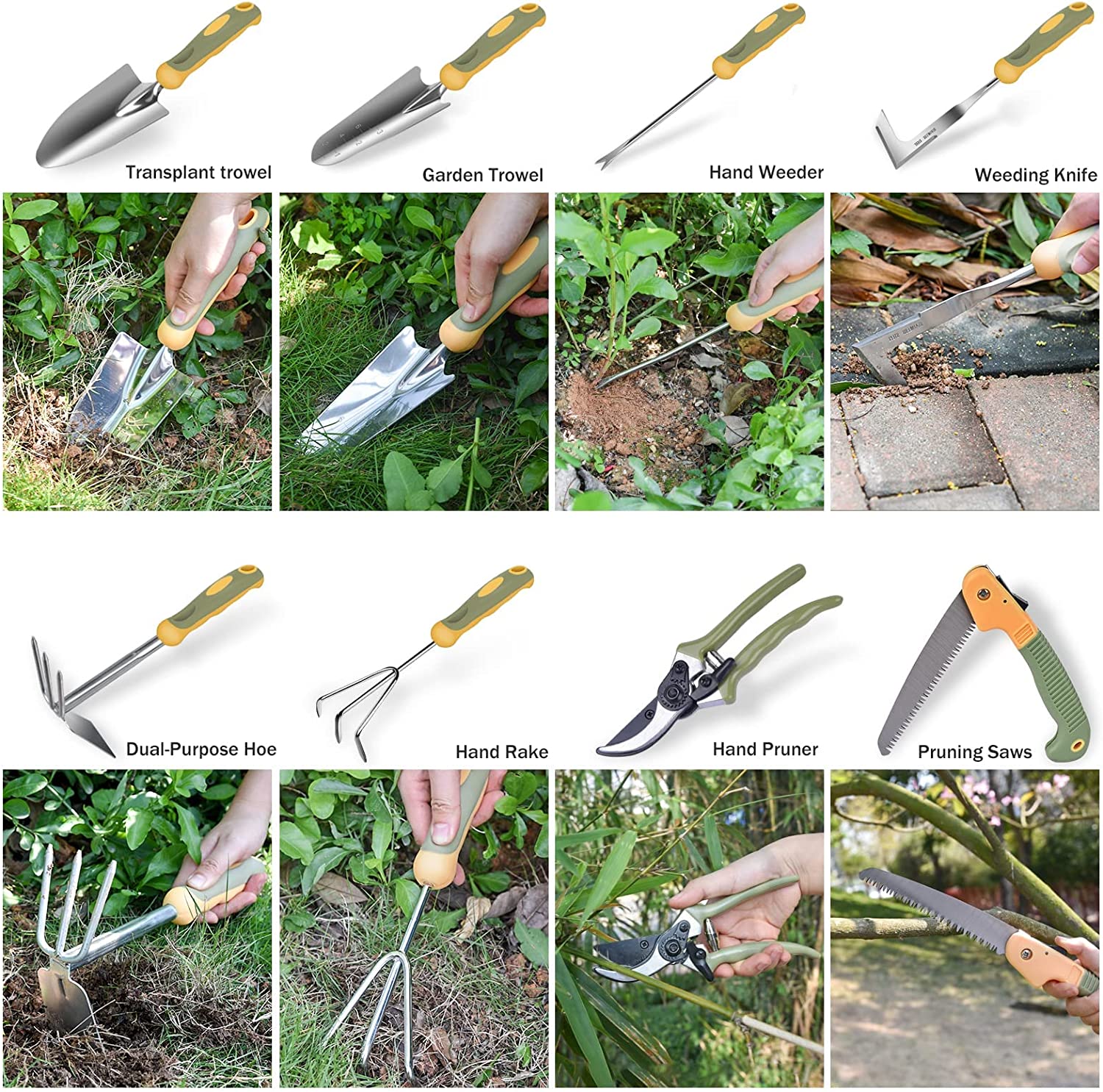Wisakey Garden Tool Set 9-Pcs, Stainless Steel Heavy Duty Gardening Kit with Tool Bag - Ideal White Elephant & Practical Gift for Adults, Men & Women.