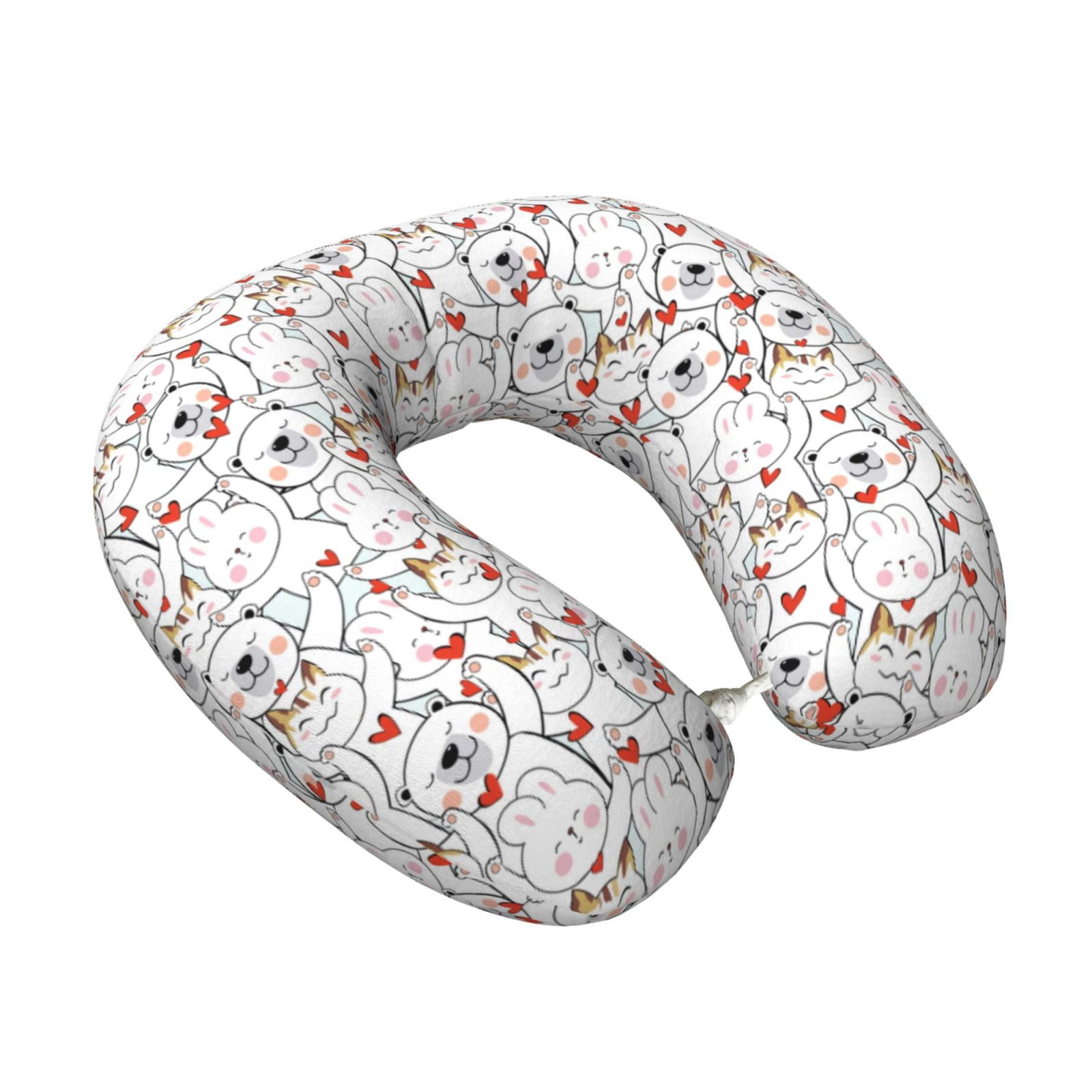 Xecao Cat Bear Rabbit Print Memory Foam Cervical Neck Pillow Versatile U-Shaped Pillows for Home,Office,Camping,Travelling,Soft Washable Cover
