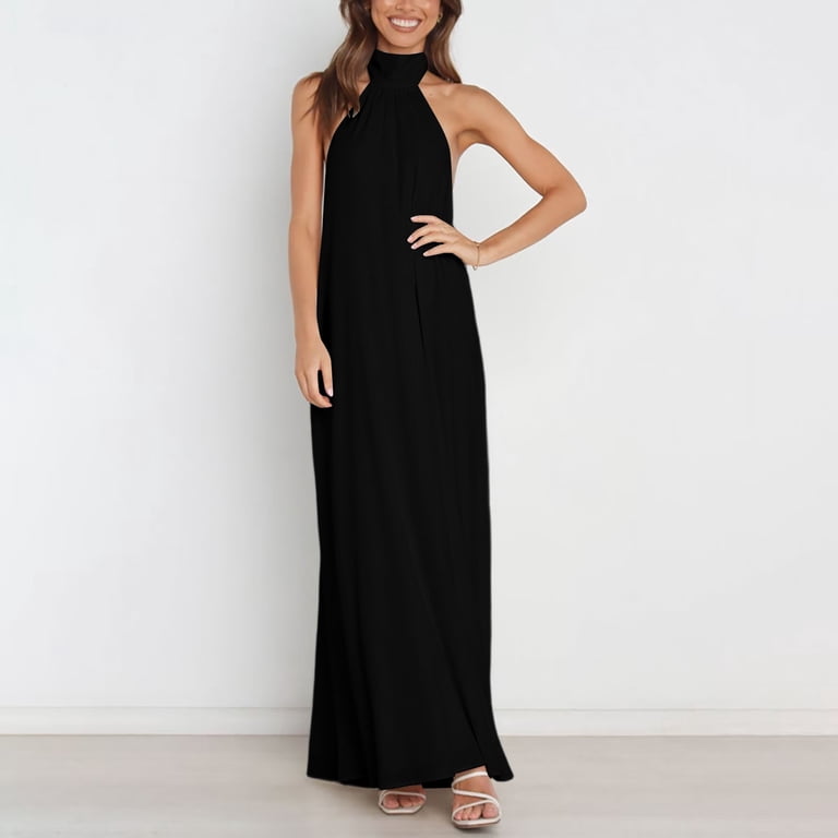 WRFWUL Women's Solid Sleeveless Halter Neck Maxi Dress Elegant High Neck Flowy Long Gown Formal Evening Party Bridesmaid Prom Dresses