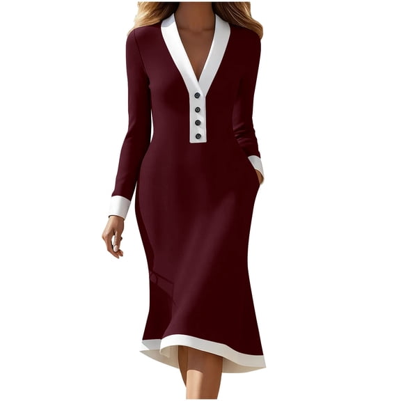 Women Dresses for Special Occasions Summer Solid Color Long-sleeved V-neck Casual Long Dress Plus Size Ladies Skirt Party Elegant UK For Prom