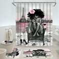 thumbnail image 3 of Hadint 4-piece Pink African American Girl Shower Curtain Set, Paris Eiffel Tower Art Pattern Shower Curtain and Rug Set, 12 Pcs Hooks, 71inx71in, 3 of 12