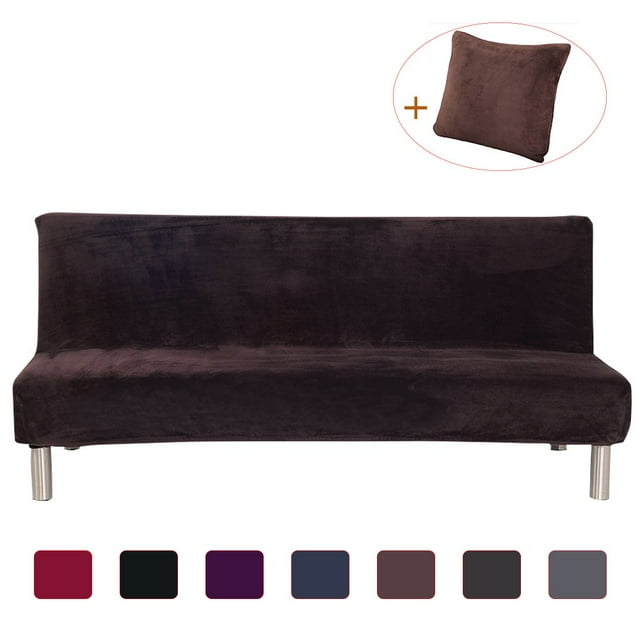 YOPTOP Armless Plush Sofa Bed Cover - Stretch Velvet Sofa Bed Slipcover with Free Pillow Cover - Thicker Folding Futon Sofa Cover Protector Gray,coffee