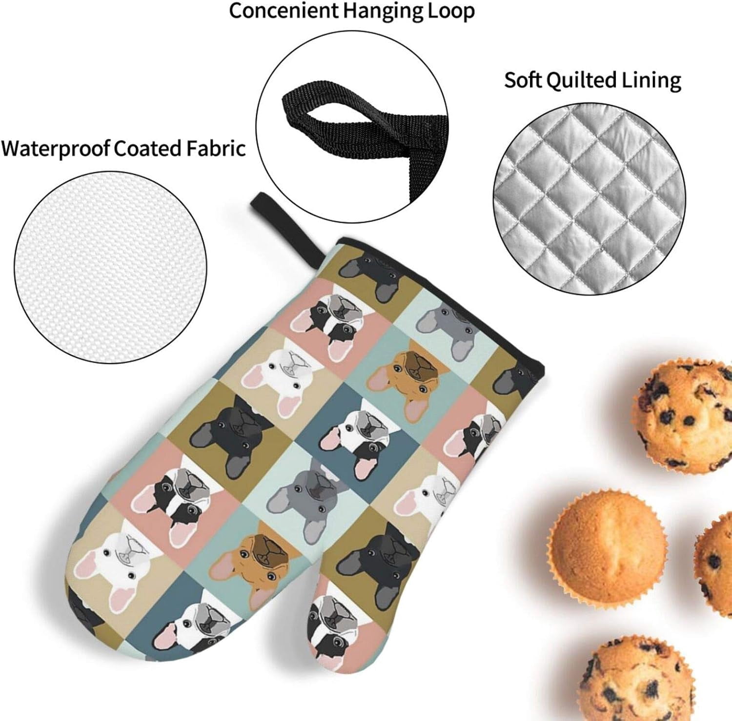 French Bulldogs Oven Mitts and Pot Holders Sets of 4, Resistant Hot Pads with Polyester Non-Slip BBQ Gloves for Kitchen Cooking Baking Grilling