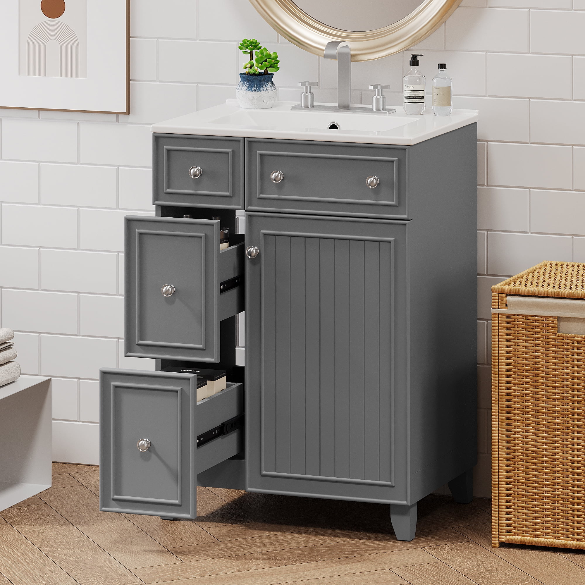 Harper & Bright Designs 24" Small Bathroom Vanity Sink Combo with 2 Drawers and Soft-Close Door, Gray