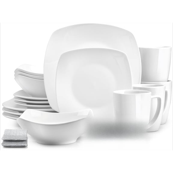 Plates and Bowls Sets, 16 Piece Modern Porcelain Dish Set for 4, Chip and Scratch Resistant Square Dinnerware Set, Microwave and Dishwasher Safe, Pearl White