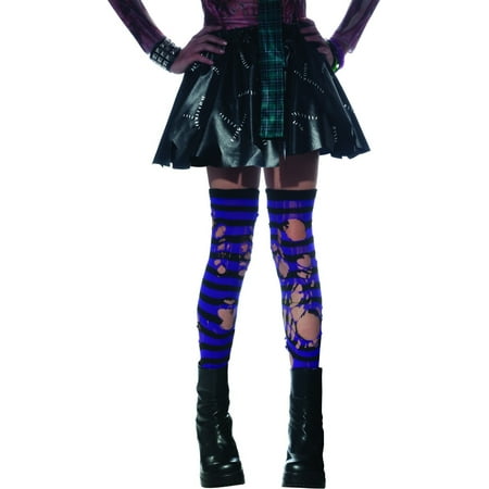 Zombie Ripped Purple & Black Striped Thigh Highs Costume Hosiery