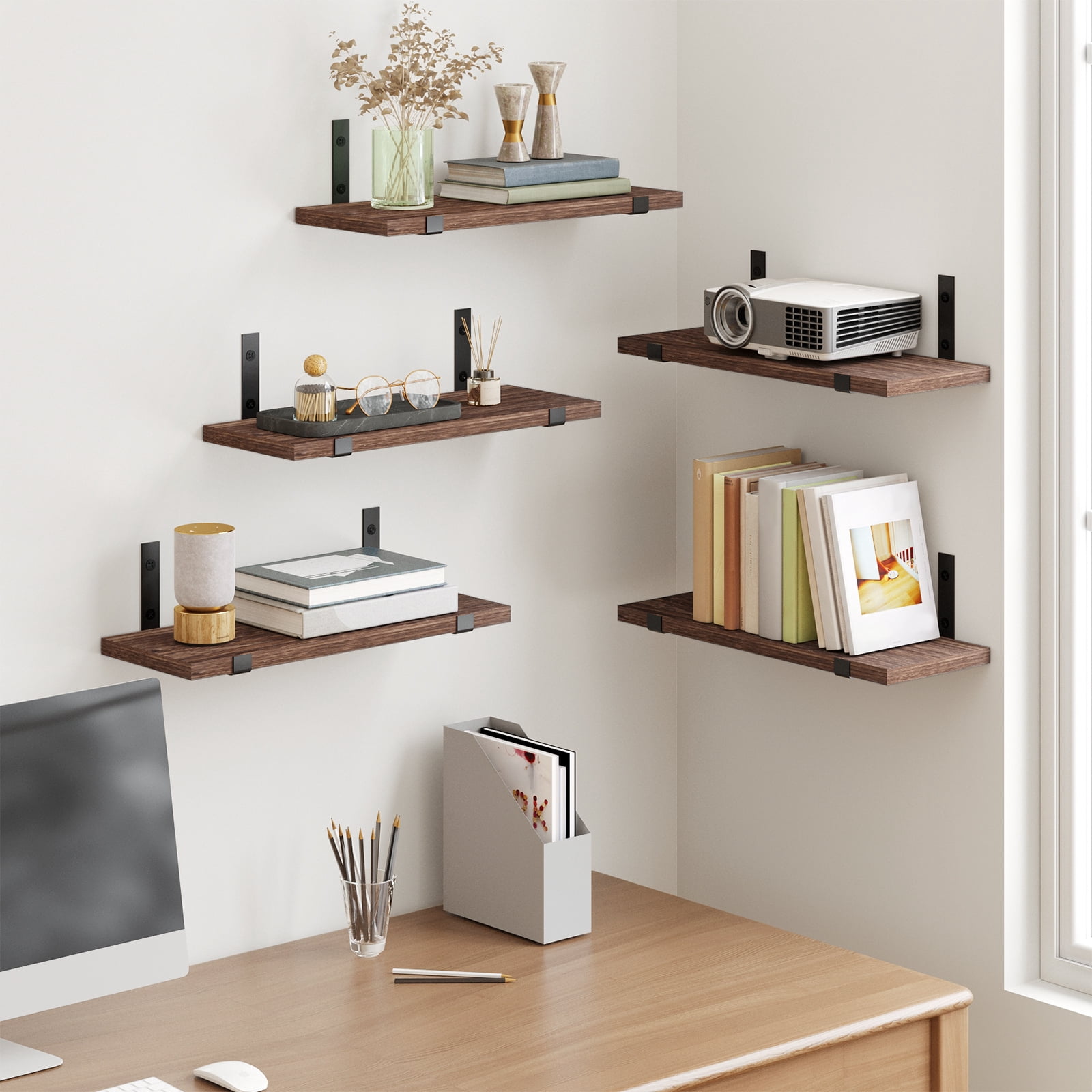 Tomnk 4.7 x 15.7 Inches Dark Carbonized Black Floating Shelf Set of 5, Wall Mounted Shelves with Metal Brackets for Living Room, Bathroom, Kitchen