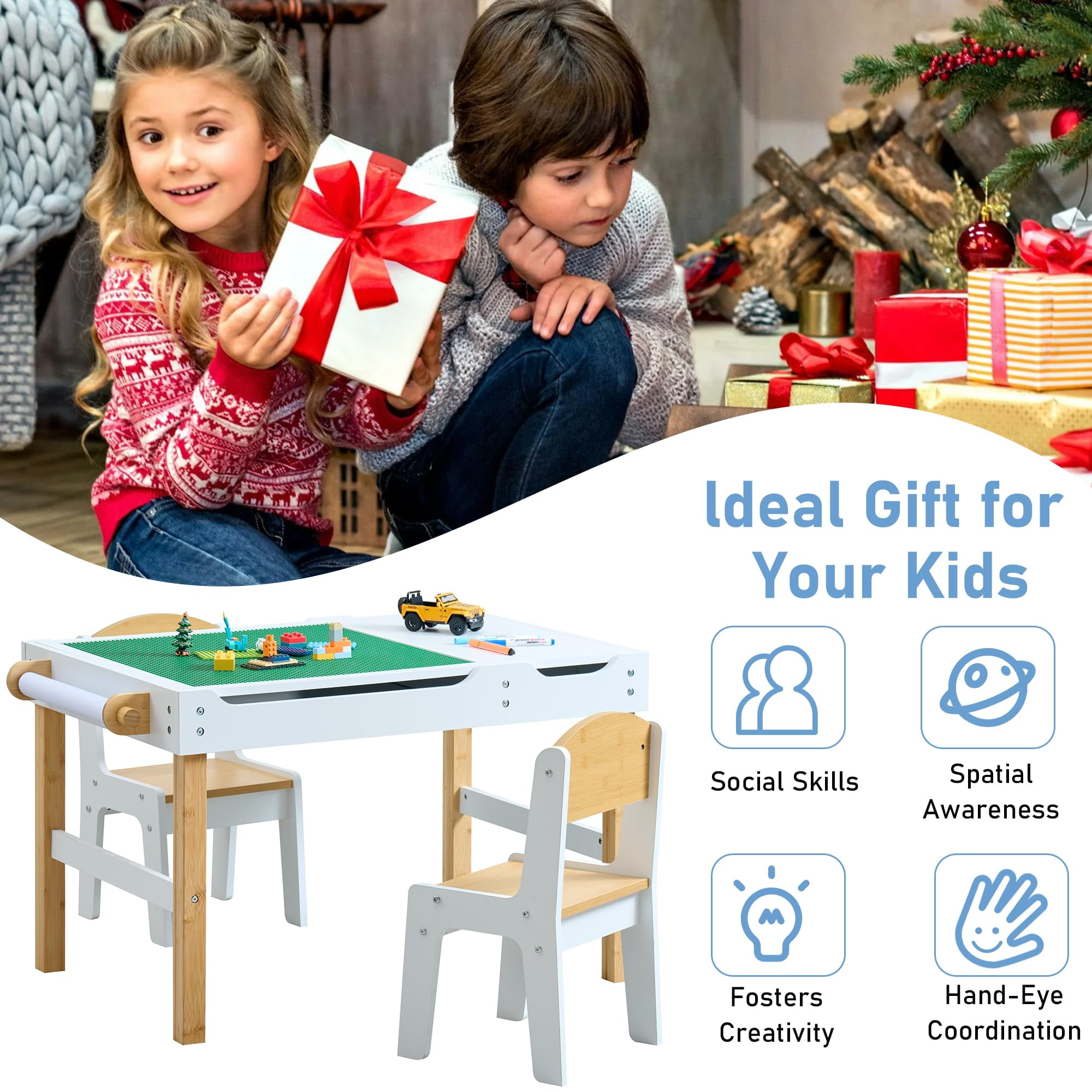 Kids Activity Table with Storage, 3 in 1 Kids Table Compatible with Lego Building Block for Boys Girls, Wooden Desk Reversible Tabletop for Toddler Arts,Drawing, Reading
